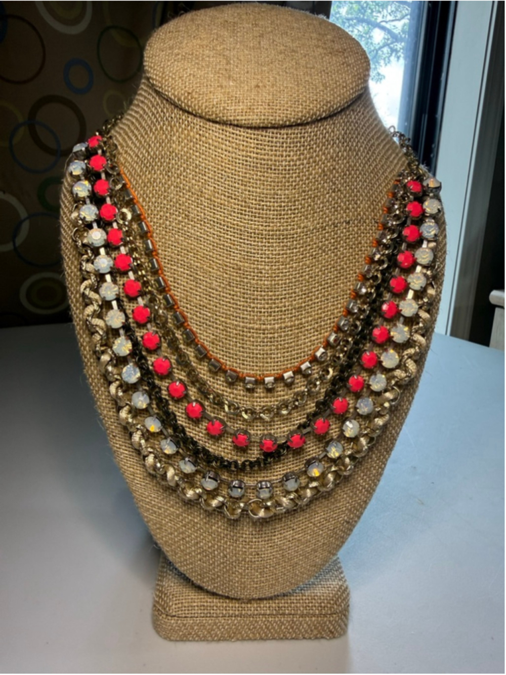 LOFT Ann Taylor Multi Strand Rhinestone Bib Statement Necklace Neon Pink Opal Go